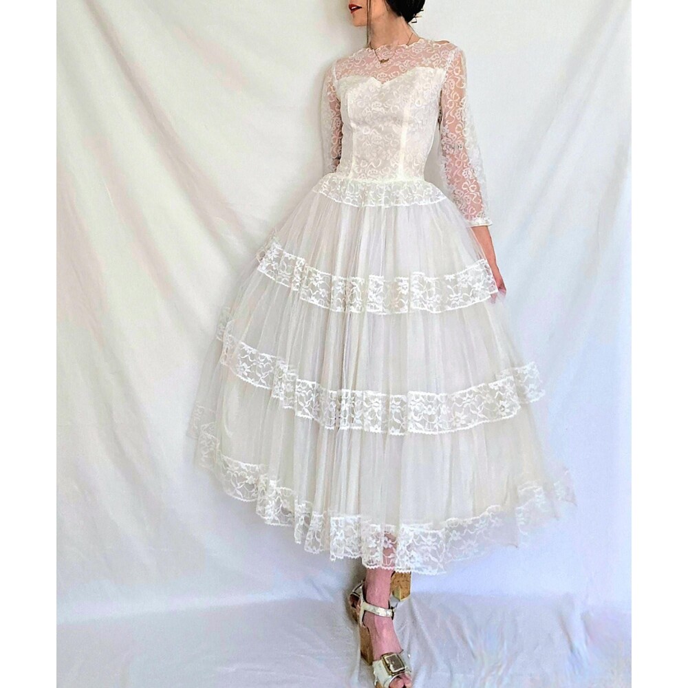1950s Tea Length Wedding Dress: Vintage Tulle and Lace Bridal Gown, S